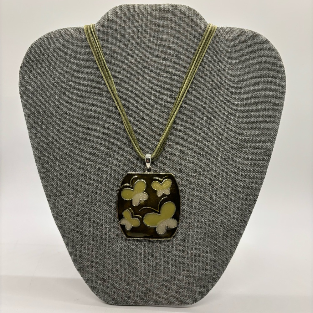 Butterfly Pendant Statement Necklace Square Shaped Green Adjustable Vintage